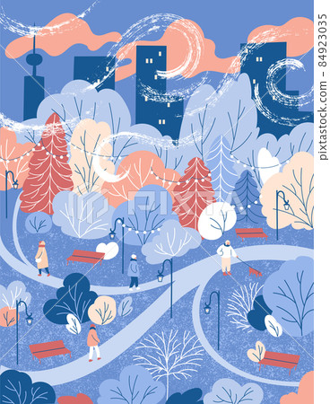 Winter evening city. People walking in the park Winter evening city. People walking in the park 84923035