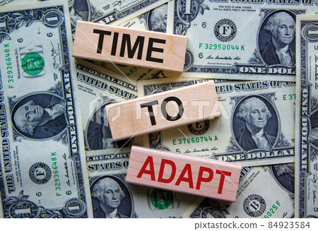 Concept text 'time to adapt' on wooden blocks on a beautiful background from dollar bills. Business concept. 84923584