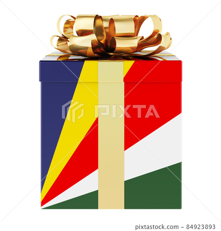Gift box with Seychelloise flag. Holiday in Seychelles, concept. 3D rendering Gift box with Seychelloise flag. Holiday in Seychelles, concept. 3D rendering 84923893