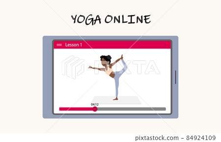 Yoga classes online without leaving home. A pretty African girl shows an asana on the tablet screen. Yoga training via the Internet. Vector illustration. 84924109