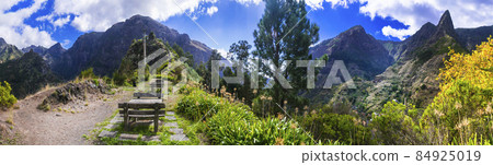 Nature scenery of Madeira island. Serra d'Agua valley and village with beautiful mountains rocks and terraces. Picnik zone Nature scenery of Madeira island. Serra d'Agua valley and village with beautiful mountains rocks and terraces. Picnik zone 84925019