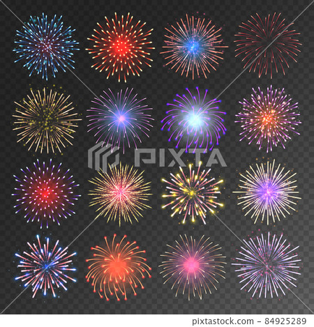 Colorful festive fireworks collection. Realistic firework, sparkling fire burst. Bursting Colorful festive fireworks collection. Realistic firework, sparkling fire burst. Bursting 84925289