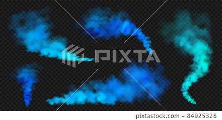 Realistic blue colorful smoke clouds, mist effect. Colored fog on dark background. Vapor in air Realistic blue colorful smoke clouds, mist effect. Colored fog on dark background. Vapor in air 84925328