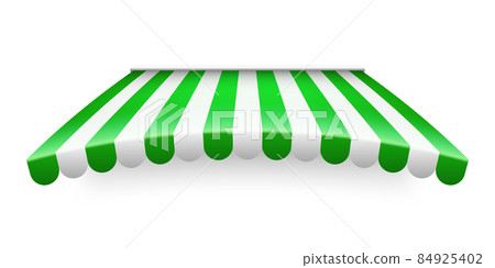 Green shop sunshade isolated on white background. Realistic striped cafe awning. Outdoor market tent Green shop sunshade isolated on white background. Realistic striped cafe awning. Outdoor market tent 84925402
