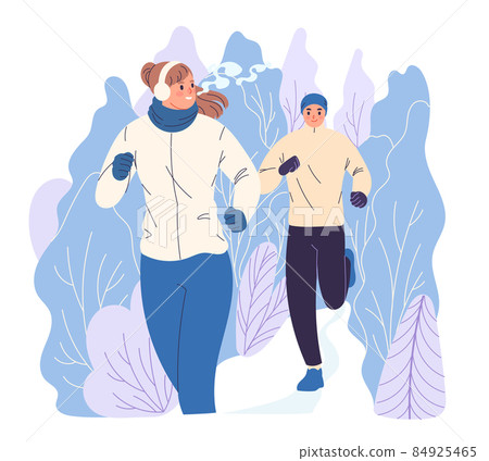 Two people are running through the woods in winter. Two people are running through the woods in winter. 84925465