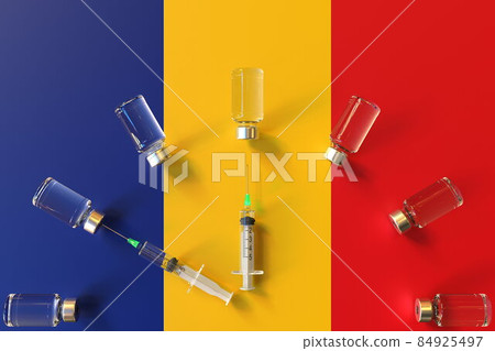 Syringes and medical vials on the flag of Romania. Vaccination related conceptual 3D rendering Syringes and medical vials on the flag of Romania. Vaccination related conceptual 3D rendering 84925497