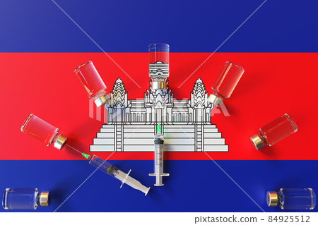 Syringes and medical vials on the flag of Cambodia. Vaccination related conceptual 3D rendering Syringes and medical vials on the flag of Cambodia. Vaccination related conceptual 3D rendering 84925512