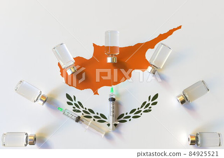 Flag of Cyprus and syrines with vaccine vials. Vaccination time concept 3D rendering Flag of Cyprus and syrines with vaccine vials. Vaccination time concept 3D rendering 84925521