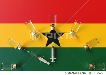 Syringes and medical vials on the flag of Ghana. Vaccination related conceptual 3D rendering Syringes and medical vials on the flag of Ghana. Vaccination related conceptual 3D rendering 84925522