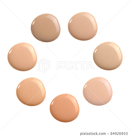 Set of shades of liquid concealer isolated on white. Beige nude liquid foundation smear smudge drop. 84926933