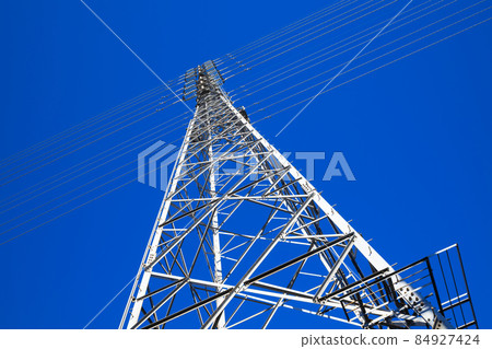 Power transmission tower looking up and clear blue sky b-2 High saturation Power transmission tower looking up and clear blue sky b-2 High saturation 84927424