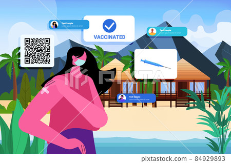 vaccinated woman traveler after vaccine injection successful covid-19 vaccination summer vacation concept vaccinated woman traveler after vaccine injection successful covid-19 vaccination summer vacation concept 84929893