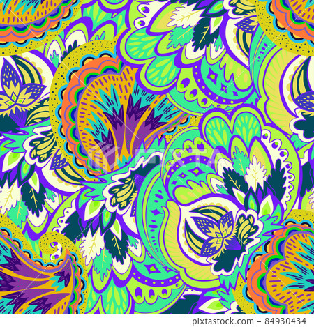 Colorful seamless pattern with crazy psychedelic organic abstract elements, print with plant and mushrooms Colorful seamless pattern with crazy psychedelic organic abstract elements, print with plant and mushrooms 84930434