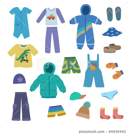 Set of cute boy clothes in doodle cartoon style. Vector clip art of dress for design. Set of cute boy clothes in doodle cartoon style. Vector clip art of dress for design. 84930442