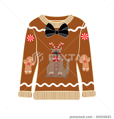 Ugly Christmas party sweater with funny cat print. Ugly Christmas party sweater with funny cat print. 84930685