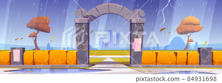 Stone gates, entrance to autumn city garden, park - Stock Illustration ...