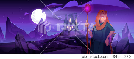 Wizard with magic staff stand at night landscape Wizard with magic staff stand at night landscape 84931720