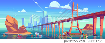 Modern city skyline with bridge and polluted ocean 84931735