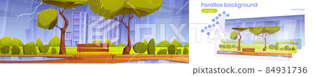 Parallax background city park with bench at rain 84931736