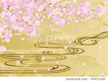 櫻花與流水和金葉背景 84931880