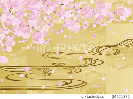 櫻花與流水和金葉背景 84931882