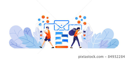 exchanging messages with social media. send digital messages and emoticons with envelopes. talk by typing vector illustration concept for landing page, web, ui, banner, poster, template, background 84932284