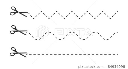 Set of scissors icons with dotted zigzag, wave and straight lines. Cut here pictogram for coupons, vouchers, labels, paper pages Set of scissors icons with dotted zigzag, wave and straight lines. Cut here pictogram for coupons, vouchers, labels, paper pages 84934096