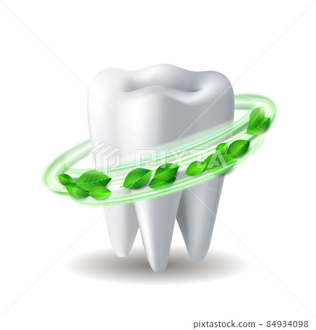 Whirlwind of green leaves swirls around white shiny tooth. Whirlwind of green leaves swirls around white shiny tooth. 84934098