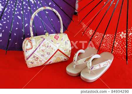 成人長袖和服配飾圖片 Nishijin-ori 和服包和涼鞋 84934290