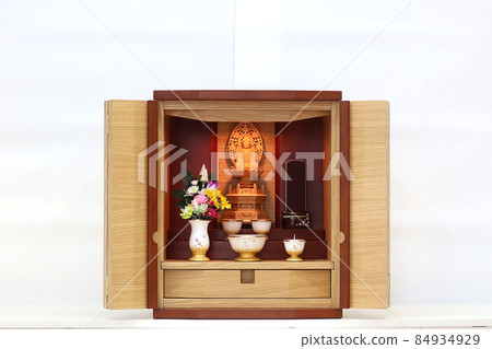 Buddha statue and modern mortuary tablet enshrined on a furniture-style Buddhist altar 9 84934929
