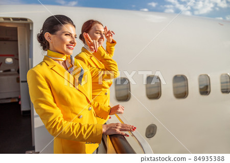 Joyful flight attendants standing near airplane door and saluting 84935388