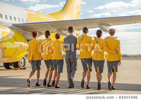 Airline workers walking near passenger plane at airfield 84935406