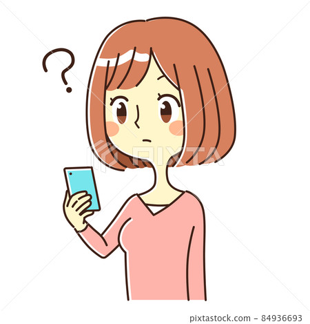 一個女人看著智能手機,懷疑嗎?插圖素材 一個女人看著智能手機,懷疑嗎?插圖素材 84936693