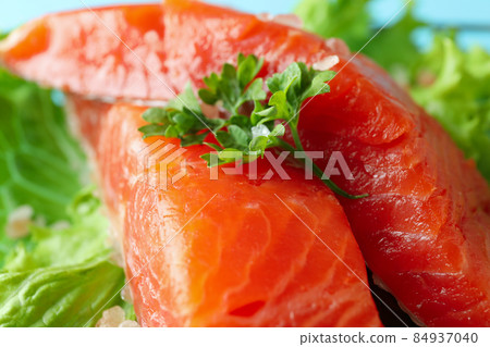 Fresh raw salmon and ingredients for cooking, close up Fresh raw salmon and ingredients for cooking, close up 84937040