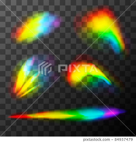 Set of bright rainbow light effects. Light streak overlay of lens flare on transparent Set of bright rainbow light effects. Light streak overlay of lens flare on transparent 84937479