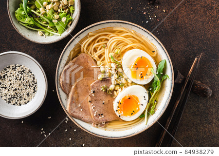 Ramen noodles bowl with pork and egg Ramen noodles bowl with pork and egg 84938279