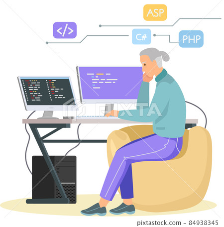 Programmer engineering and coding. Programmer working on web development on computers Programmer engineering and coding. Programmer working on web development on computers 84938345