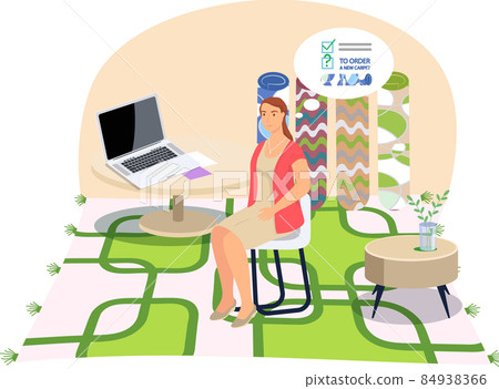 Woman works at table with computer in room interior with geometric pattern rug and rolled carpets 84938366