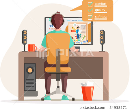 Man orders carpet in an online store, buys an interior element, works with computer and internet Man orders carpet in an online store, buys an interior element, works with computer and internet 84938371