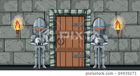 Two medievals standing guard in front of the door 84939271