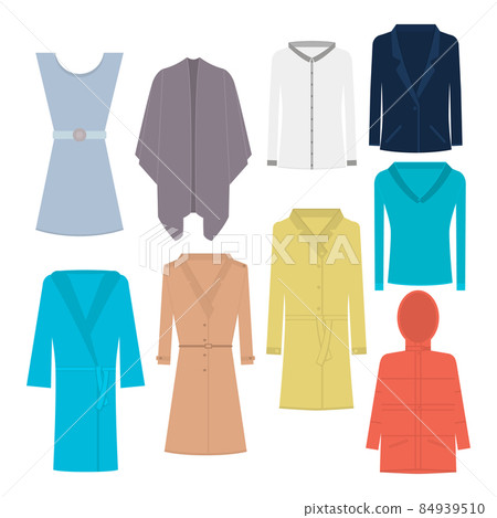 Set of womens clothing, garment, apparel. Vector illustrations. Shirt, dress, poncho, blazer, blouse, bathrobe, coat, cloak, jacket. Collection female top clothes.   84939510