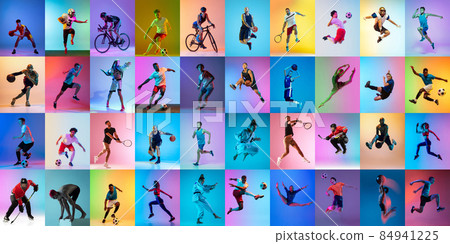 Set of images of different professional sportsmen, fit people in action, motion isolated on multicolor background in neon light. 84941225