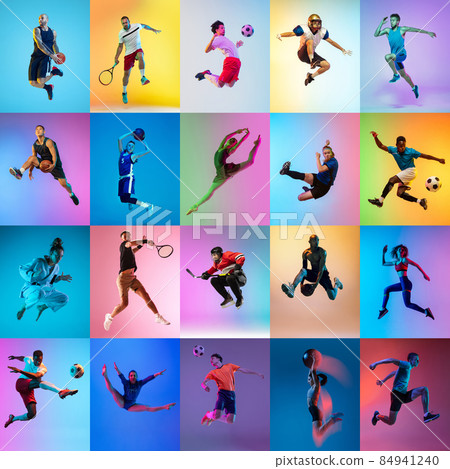 Set of images of different professional sportsmen, fit people in action, motion isolated on multicolor background in neon light. 84941240