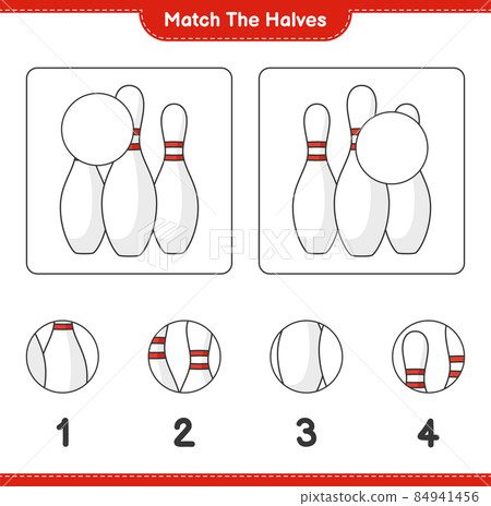 Match the halves. Match halves of Bowling Pin. Educational children game, printable worksheet, vector illustration Match the halves. Match halves of Bowling Pin. Educational children game, printable worksheet, vector illustration 84941456