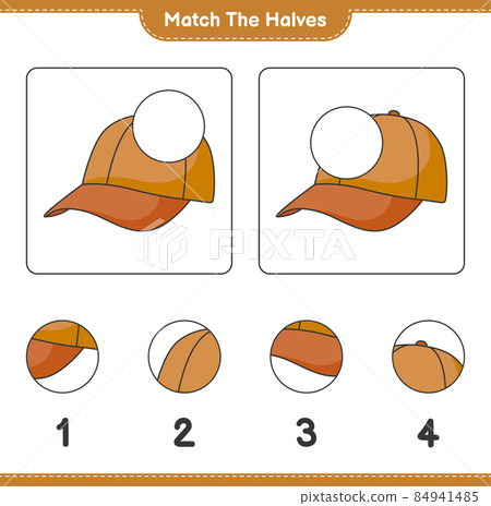 Match the halves. Match halves of Cap Hat. Educational children game, printable worksheet, vector illustration 84941485