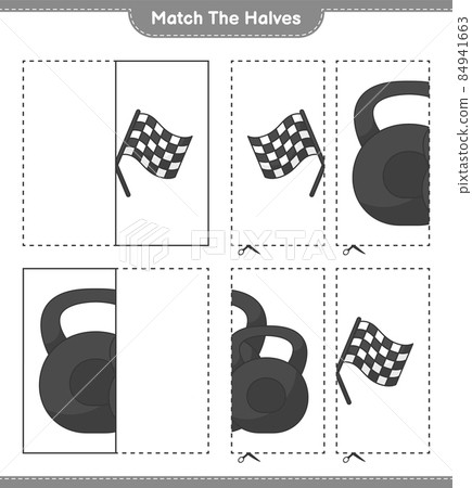 Match the halves. Match halves of Racing Flags and Dumbbell. Educational children game, printable worksheet, vector illustration 84941663