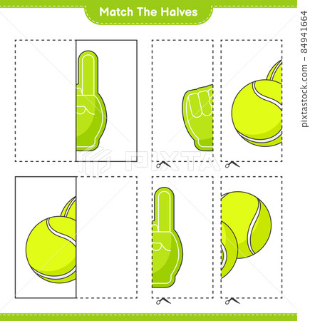 Match the halves. Match halves of Foam Finger and Tennis Ball. Educational children game, printable worksheet, vector illustration 84941664