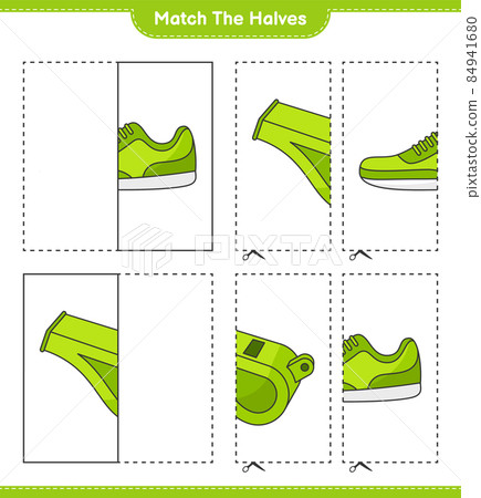 Match the halves. Match halves of Sneaker and Whistle. Educational children game, printable worksheet, vector illustration Match the halves. Match halves of Sneaker and Whistle. Educational children game, printable worksheet, vector illustration 84941680