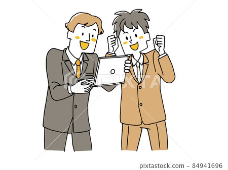兩個商人一邊看著筆記本電腦一邊歡欣鼓舞 人們慶祝勝利和成功 鬆散的手繪插圖 84941696