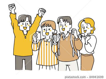 Four men and women who rejoice while looking at their smartphones. People celebrating the victory of successful people. Illustrations of loose hand-painted people. Four men and women who rejoice while looking at their smartphones. People celebrating the victory of successful people. Illustrations of loose hand-painted people. 84941699